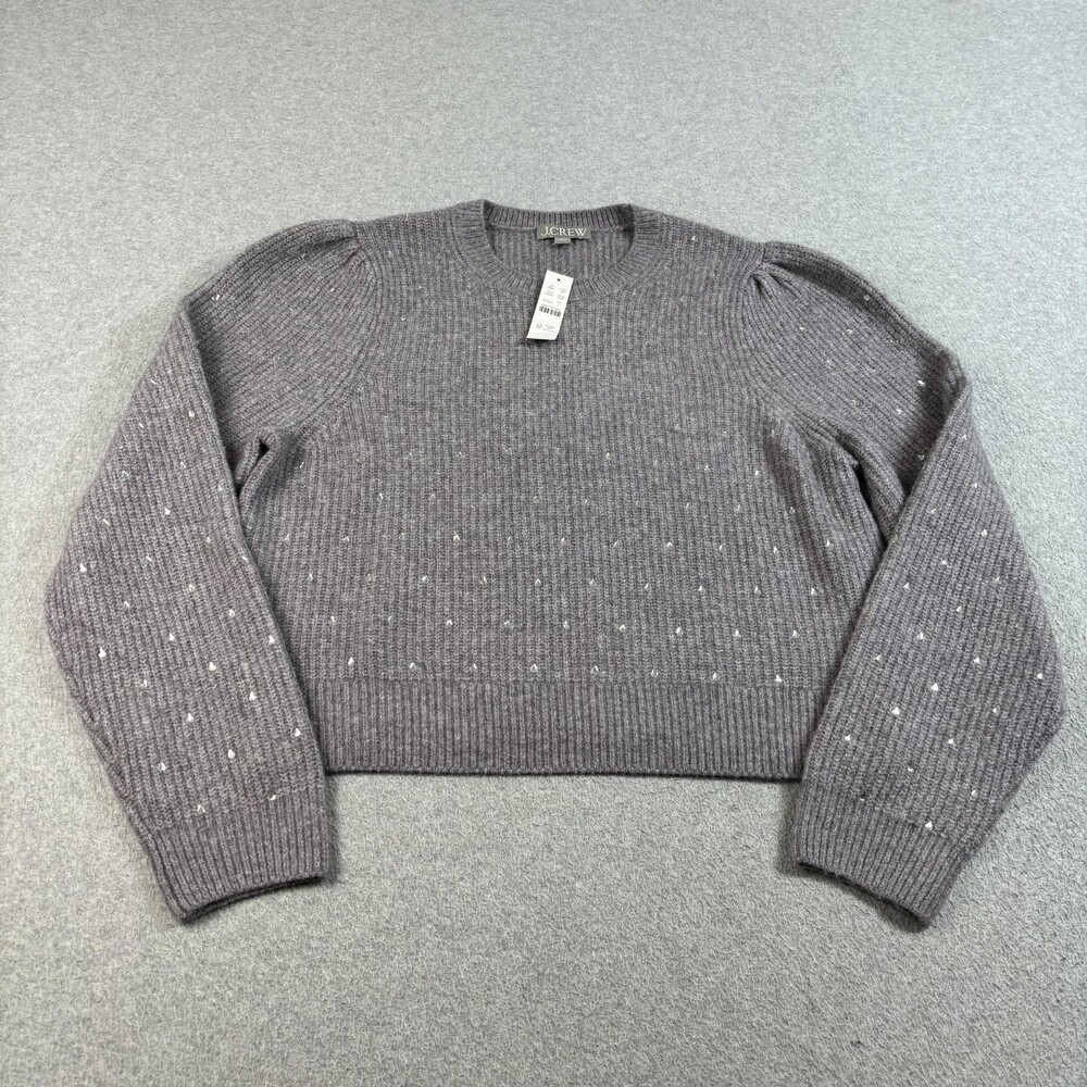 J Crew Sweater Women Large Gray Jewel Rhinestone Puff Sleeve Chunky Knit Retro